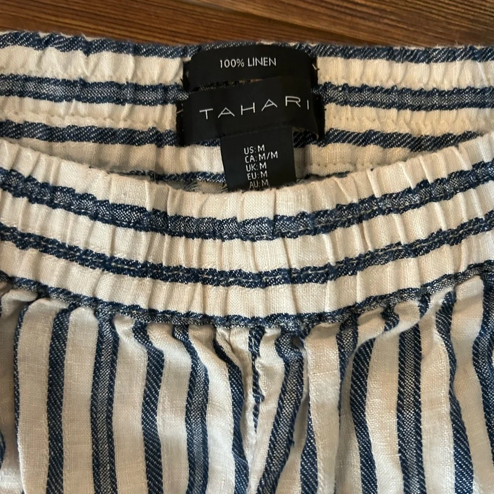 Tahari cream navy striped elastic waist linen high waist casual pants. Medium - Picture 2 of 4